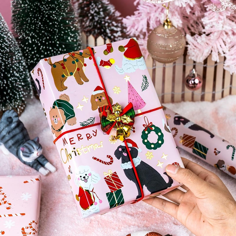 Yarcony Dog Christmas Wrapping Ppaper, Pink Wrapping Paper, Metallic Foil Pastel Cute Puppy, Candy Cane Pattern Christmas Gift Wrap for Winter Holiday, Little Girl Birthday (17 Inch X 33 Feet) - Image 5